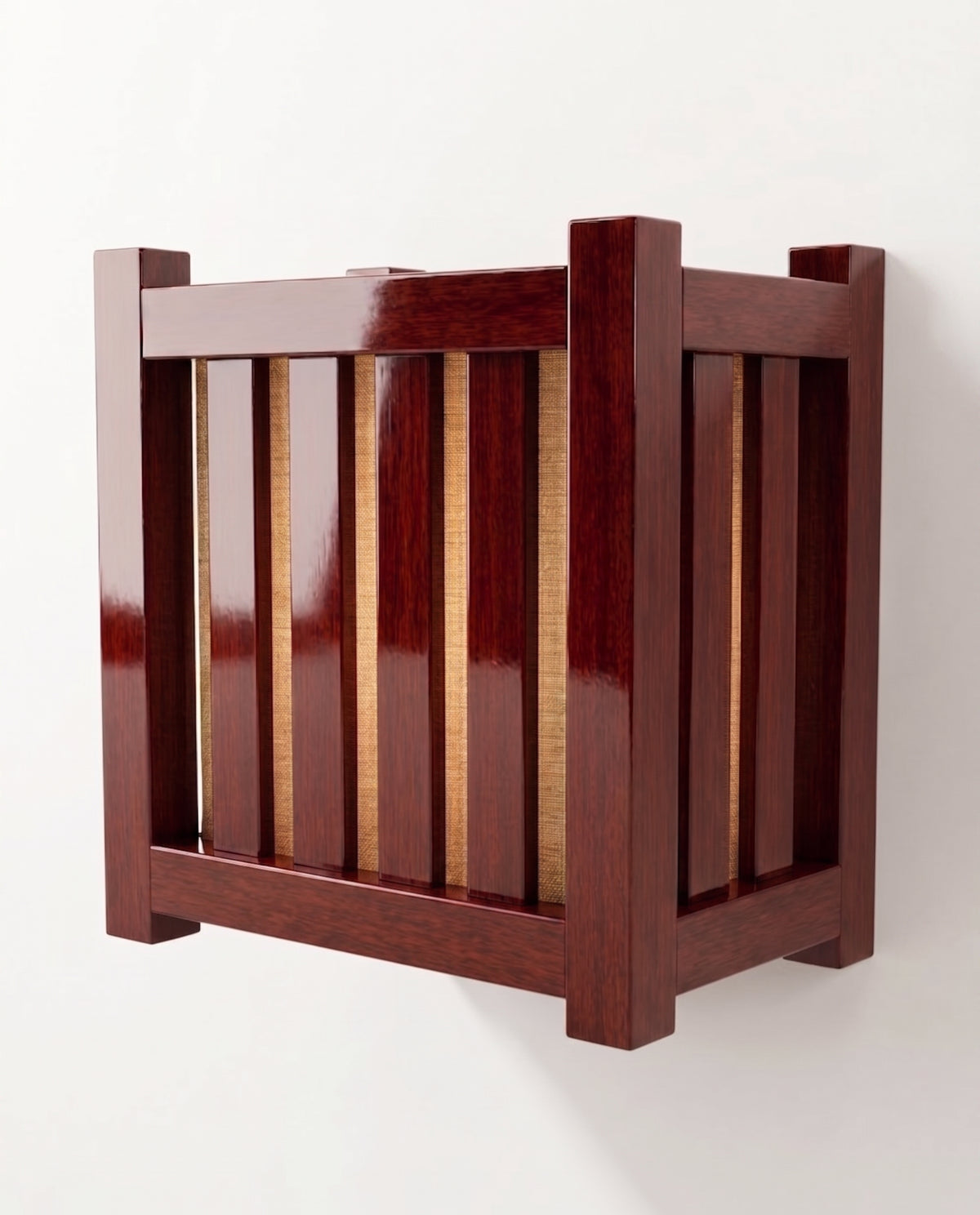 Cardinal wall sconce in mahogany lacquered wood, half-lantern with slats over a paper diffuser mounted flat to the wall, Monde Singulier Editions