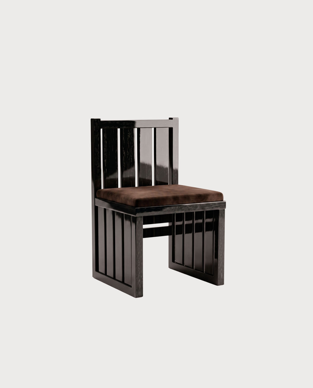 Chaise Cardinal, laque noire, vue d'ensemble sur fond blanc cassé, Monde Singulier Editions