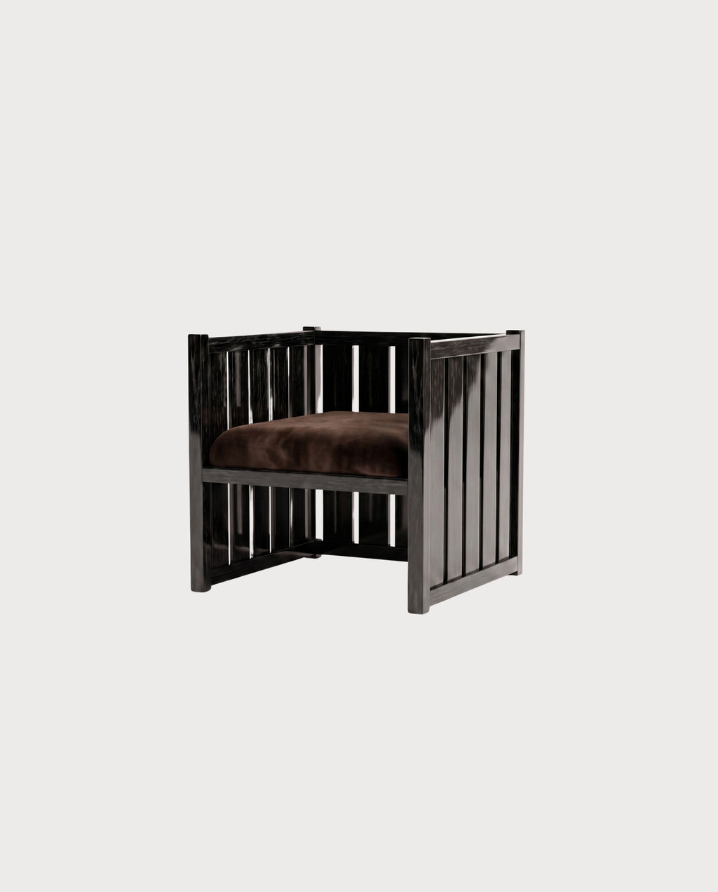 Fauteuil Cardinal, laque noire, vue d'ensemble sur fond blanc cassé, Monde Singulier Editions