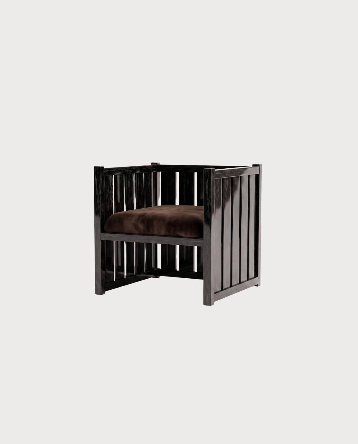 Fauteuil Cardinal, laque noire, vue d'ensemble sur fond blanc cassé, Monde Singulier Editions