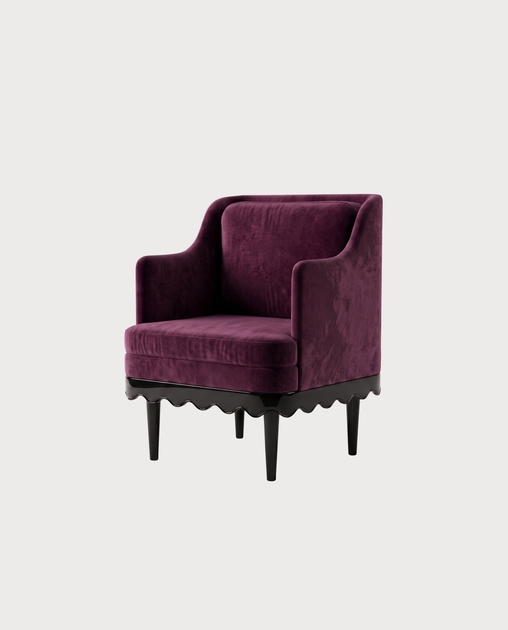 Fauteuil Romance, laque noire, velours aubergine, vue d'ensemble sur fond blanc cassé, Monde Singulier Editions