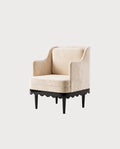 Fauteuil Romance, laque noire, velours écru, vue d'ensemble sur fond blanc cassé, Monde Singulier Editions
