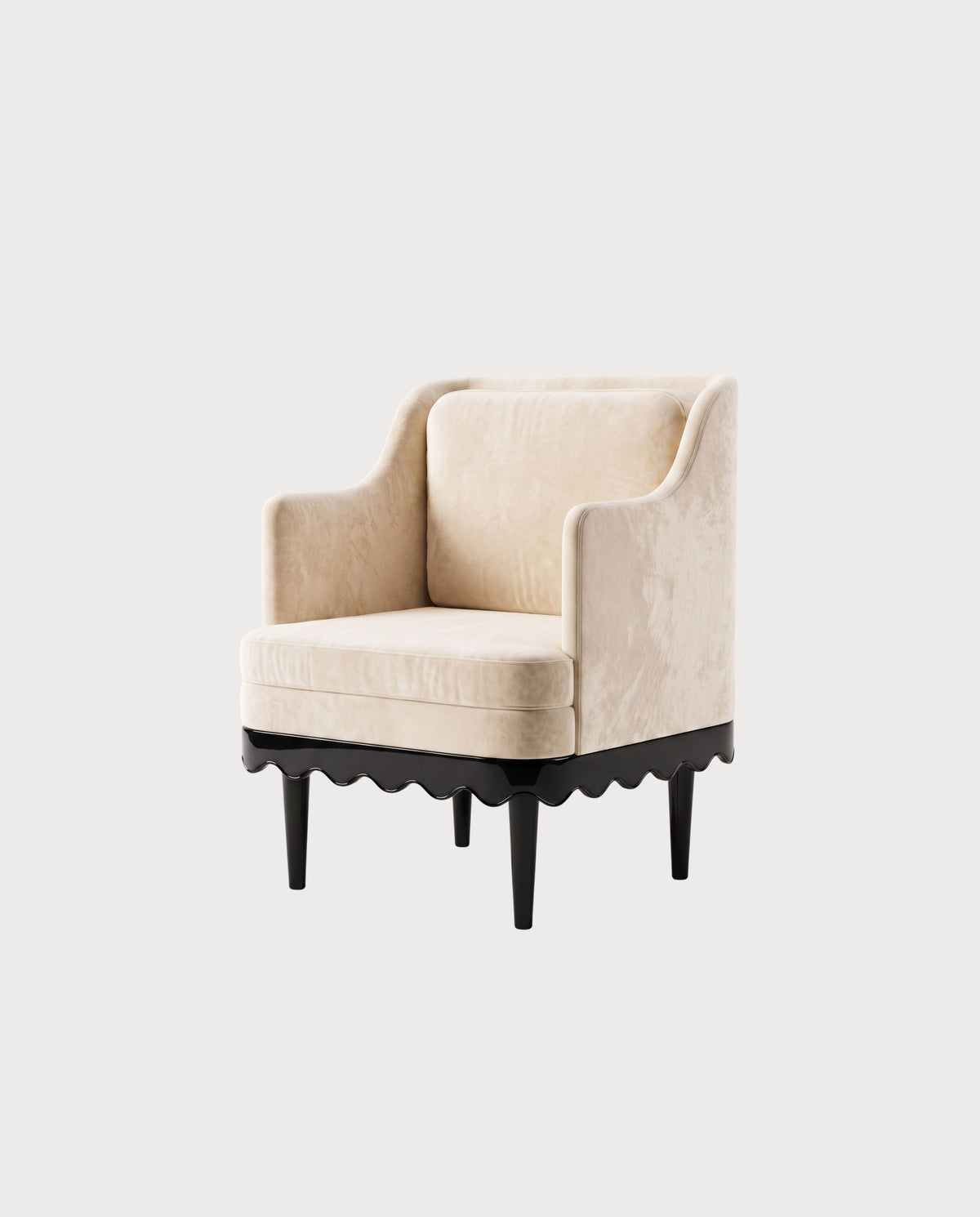 Fauteuil Romance, laque noire, velours écru, vue d'ensemble sur fond blanc cassé, Monde Singulier Editions