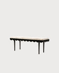 Banc Romance, laque noire, velours écru, vue d'ensemble sur fond blanc cassé, Monde Singulier Editions