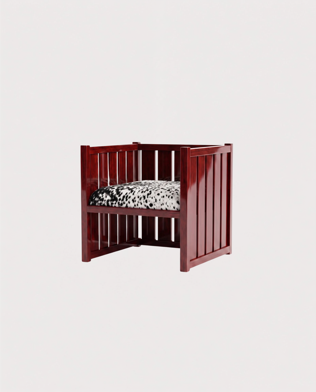 Fauteuil Cardinal, acajou laqué, peau de vache, vue d'ensemble sur fond blanc cassé, Monde Singulier Editions