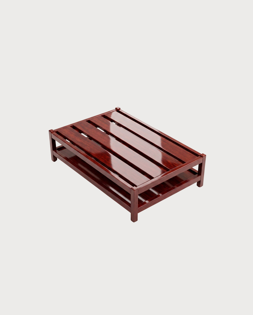Table basse Cardinal, acajou laqué, vue d'ensemble sur fond blanc cassé, Monde Singulier Editions