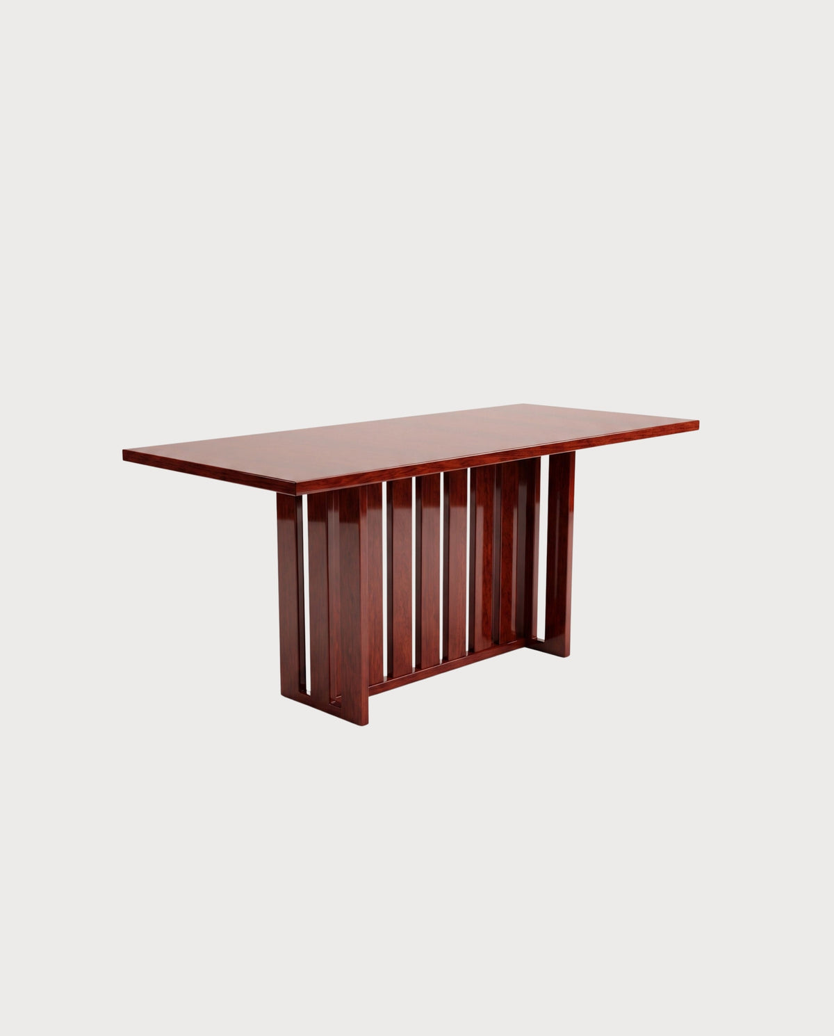 Table à manger Cardinal, acajou laqué, vue d'ensemble sur fond blanc cassé, Monde Singulier Editions