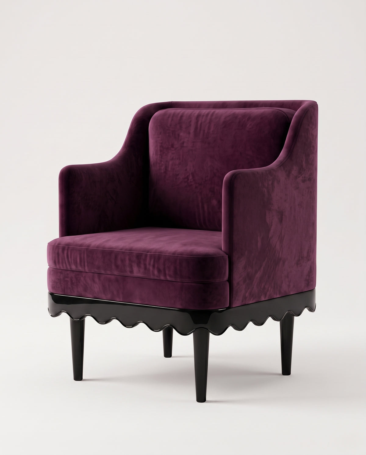 Romance armchair in aubergine velvet with scalloped black lacquer skirt and turned legs, Monde Singulier Editions, three-quarter view