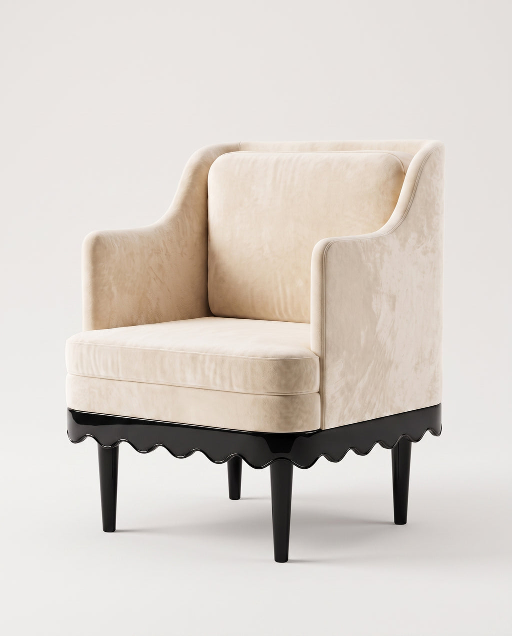 Romance armchair in ecru velvet with scalloped black lacquer skirt and turned legs, Monde Singulier Editions, three-quarter view
