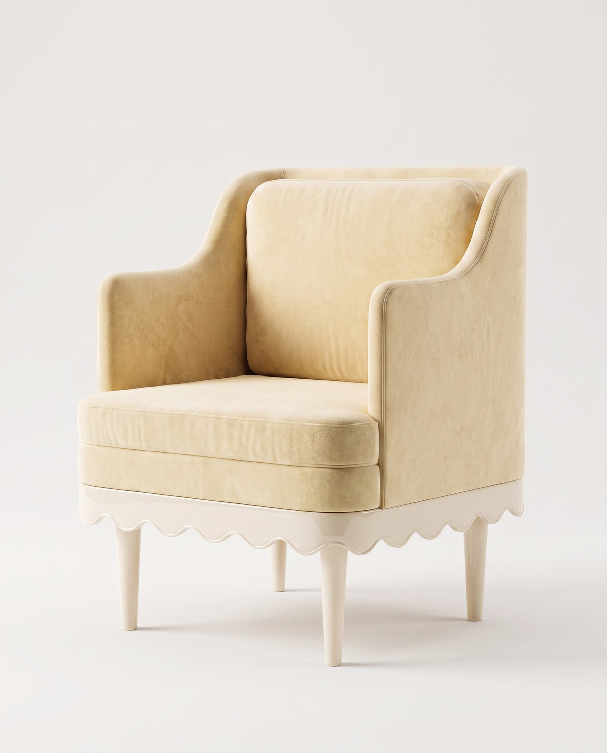 Romance armchair in off-white velvet with scalloped skirt and turned legs in off-white lacquer, Monde Singulier Editions, three-quarter view