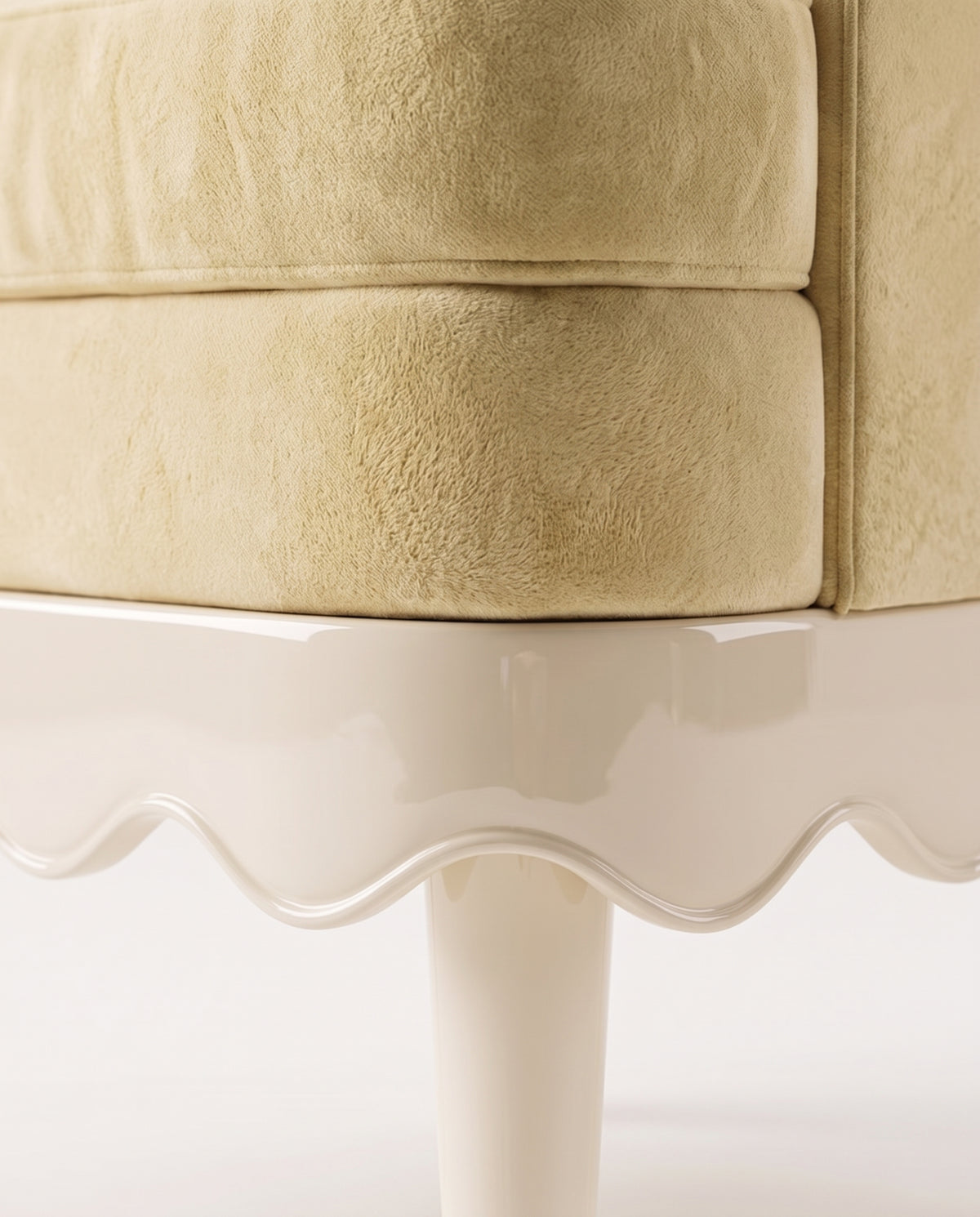 Romance armchair in off-white, close-up of the velvet seat, scalloped lacquer skirt and turned leg, Monde Singulier Editions
