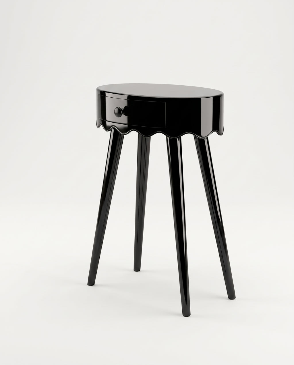 Romance round bedside table in black lacquer with scalloped apron, single drawer and three splayed legs, Monde Singulier Editions