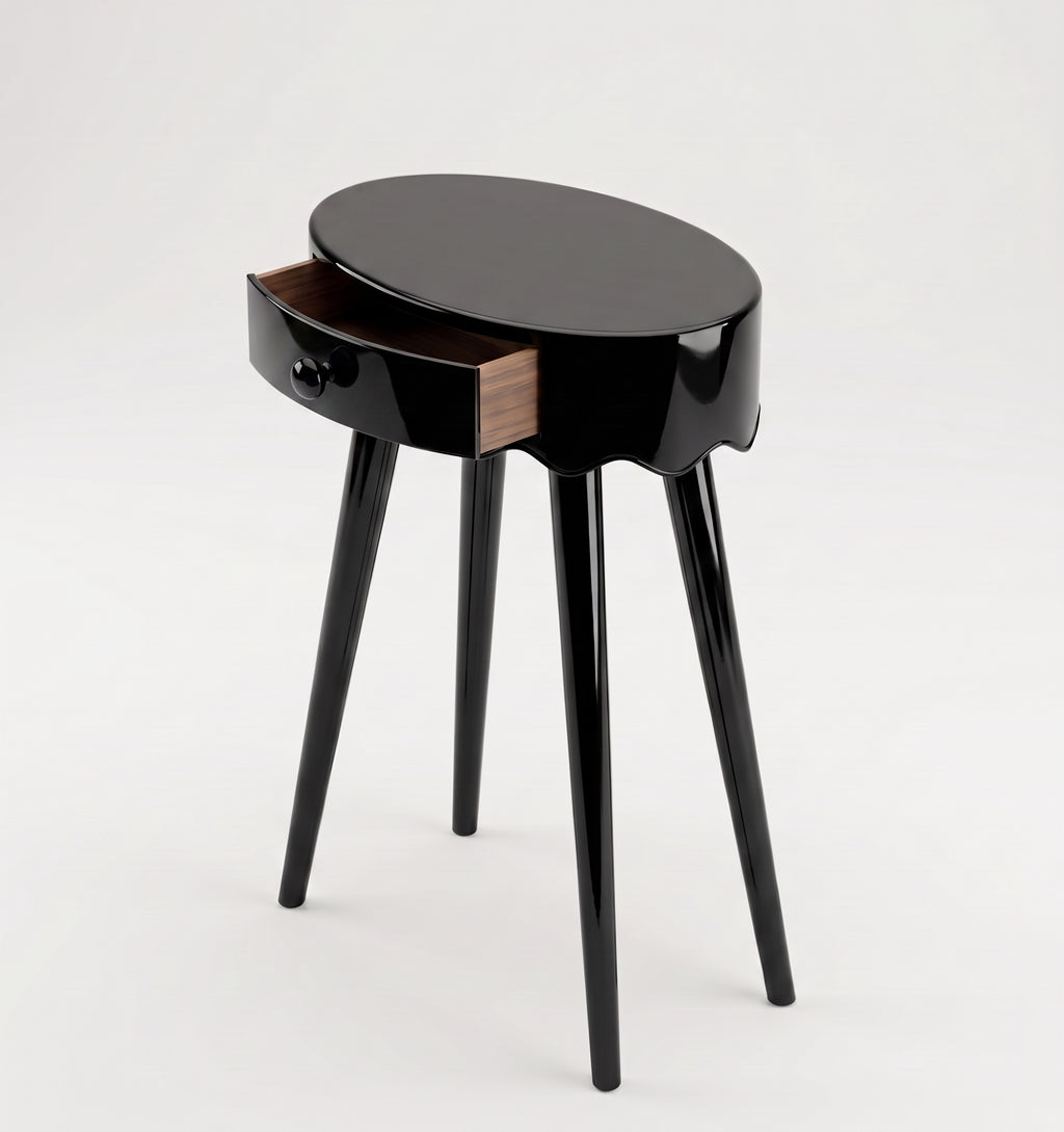 Table de chevet Romance en laque noire, tiroir ouvert et pieds fuselés, Monde Singulier Editions