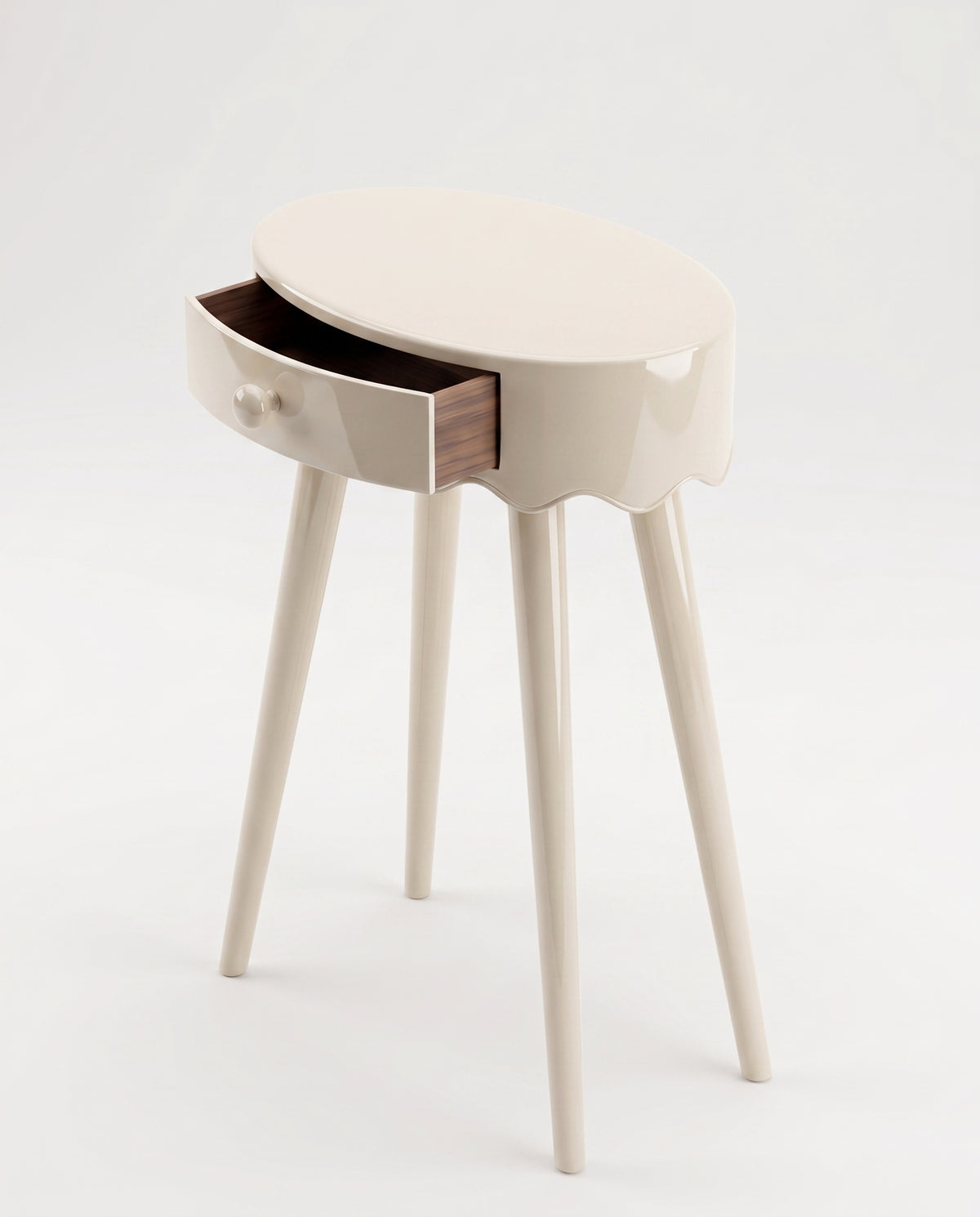 Romance bedside table in off-white lacquer with the drawer open, hidden behind the scalloped apron, Monde Singulier Editions