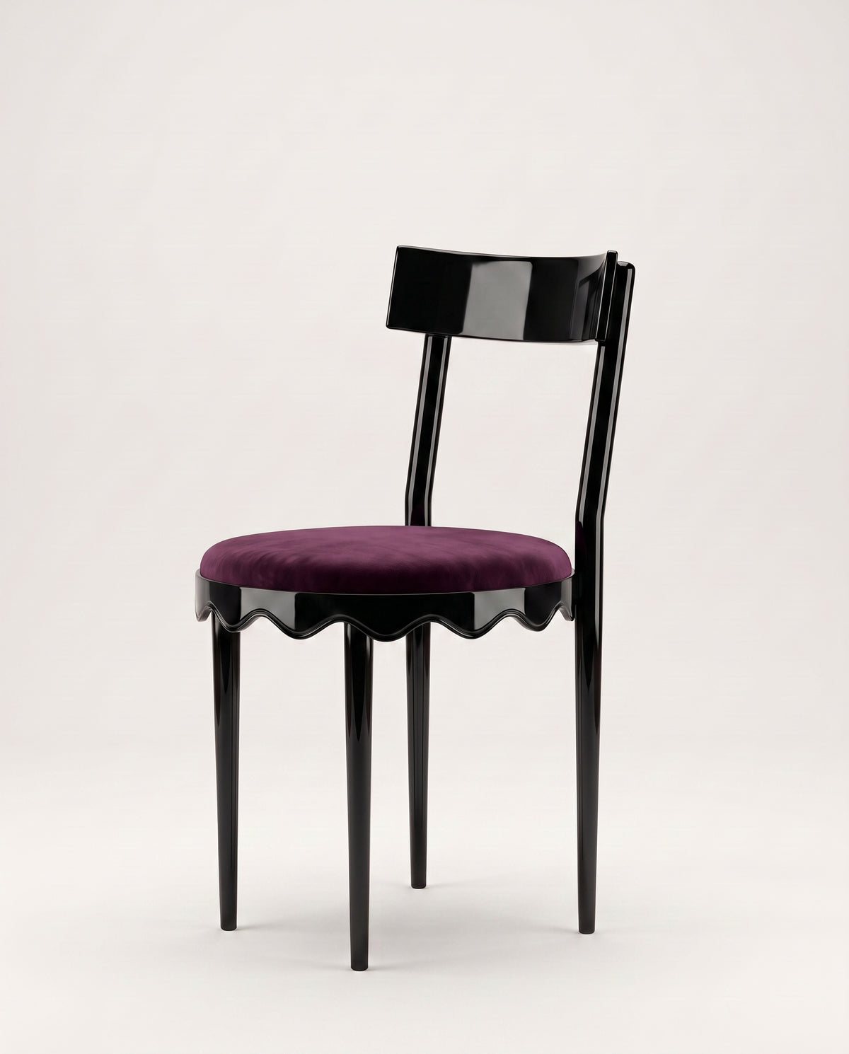 Romance dining chair with aubergine velvet seat, curved black lacquer back and scalloped skirt, Monde Singulier Editions, side view
