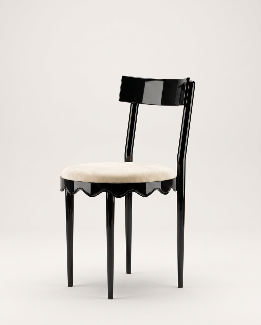 Romance dining chair with ecru velvet seat, curved black lacquer back and scalloped skirt, Monde Singulier Editions, side view