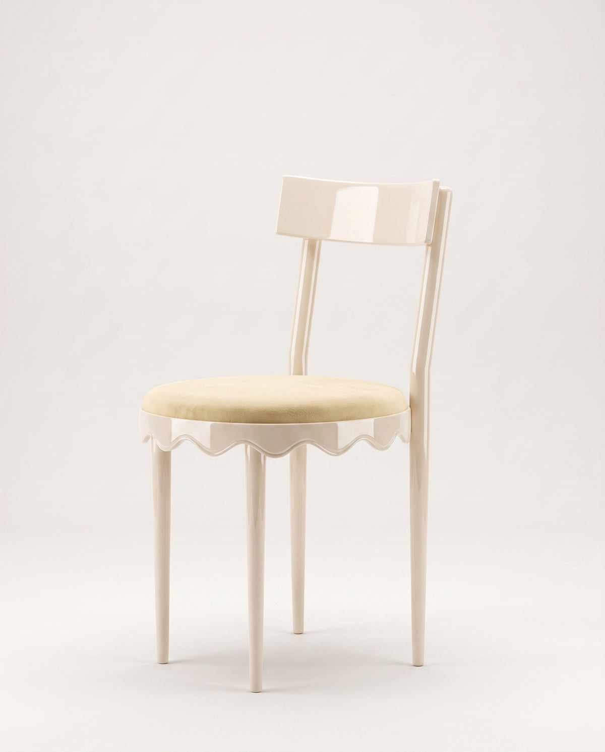Romance dining chair in off-white lacquer with round velvet seat, curved back and scalloped skirt, Monde Singulier Editions, side view