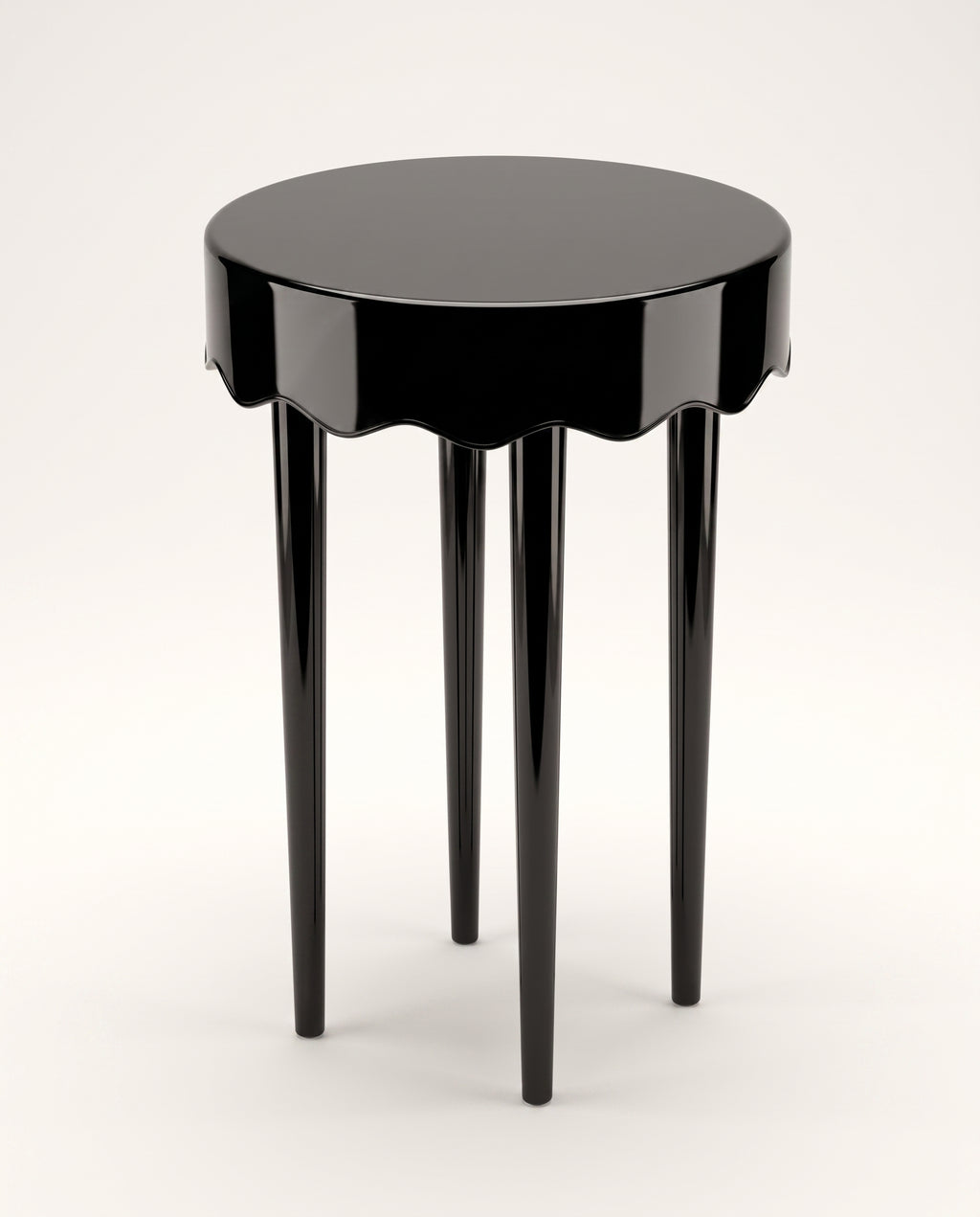 Romance side table in black lacquer, elevated view of the round top and scalloped apron, Monde Singulier Editions