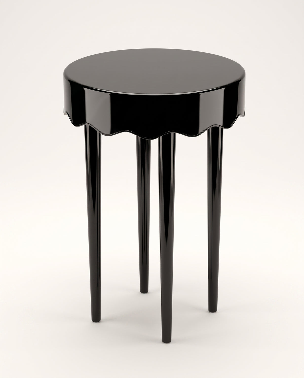 Romance side table in black lacquer, elevated view of the round top and scalloped apron, Monde Singulier Editions