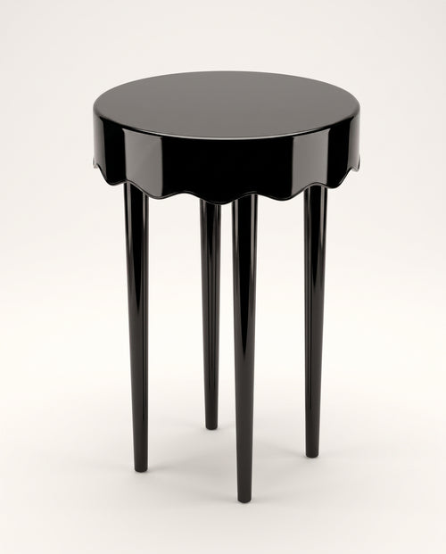 Romance side table in black lacquer, elevated view of the round top and scalloped apron, Monde Singulier Editions