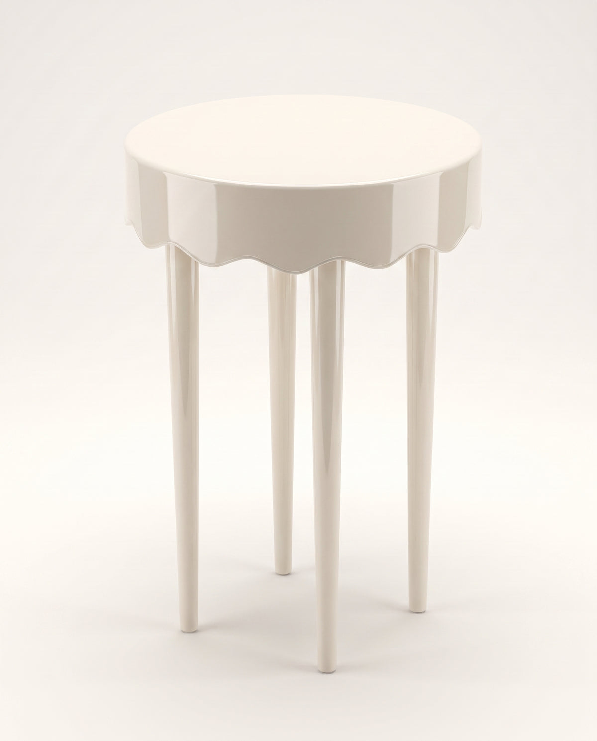 Romance side table in off-white lacquer, elevated view of the round top and scalloped apron, Monde Singulier Editions