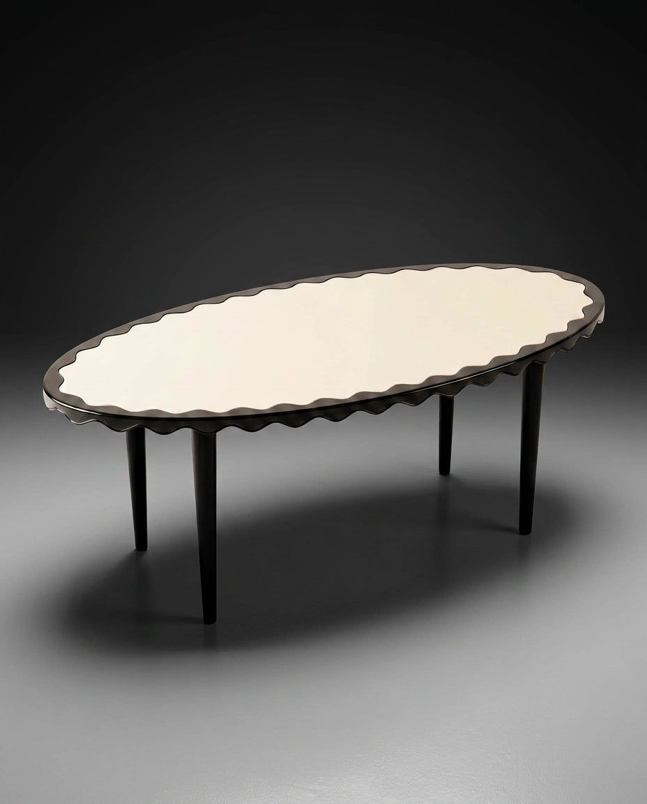 Table à manger Romance ovale, plateau clair cerclé d'une bordure festonnée noire, pieds fuselés, Monde Singulier Editions