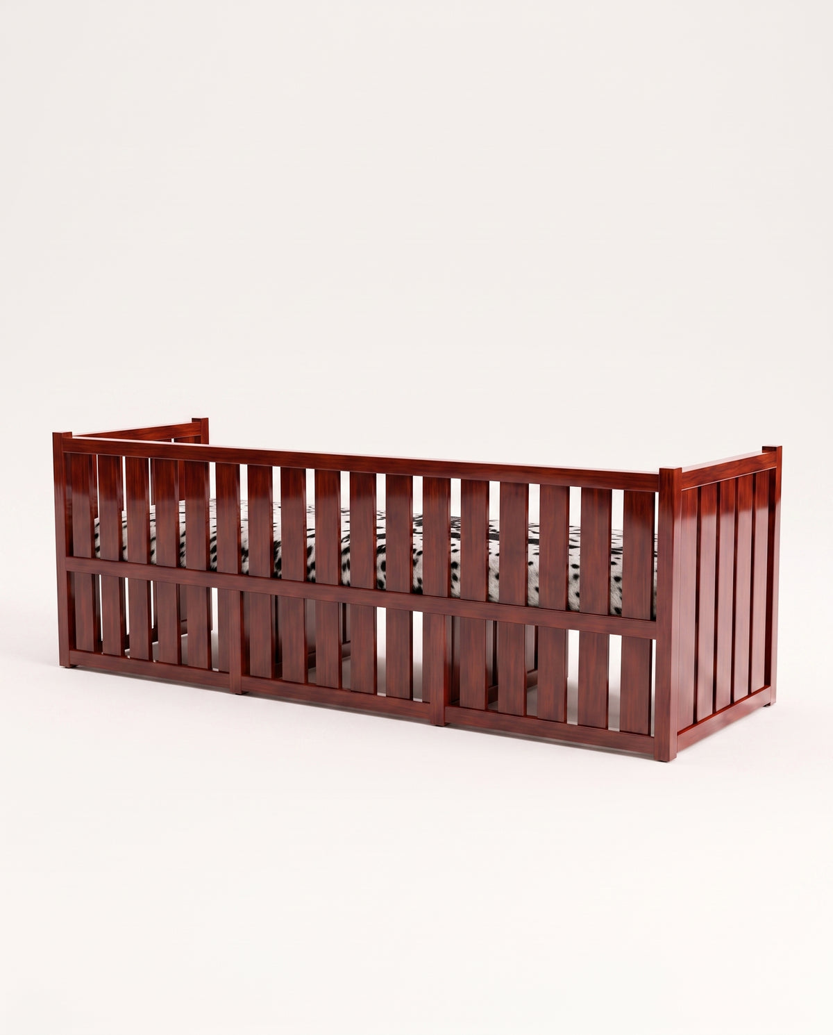 Cardinal sofa frame in mahogany lacquered wood shown without cushion, slatted structure and exposed joinery, Monde Singulier Editions