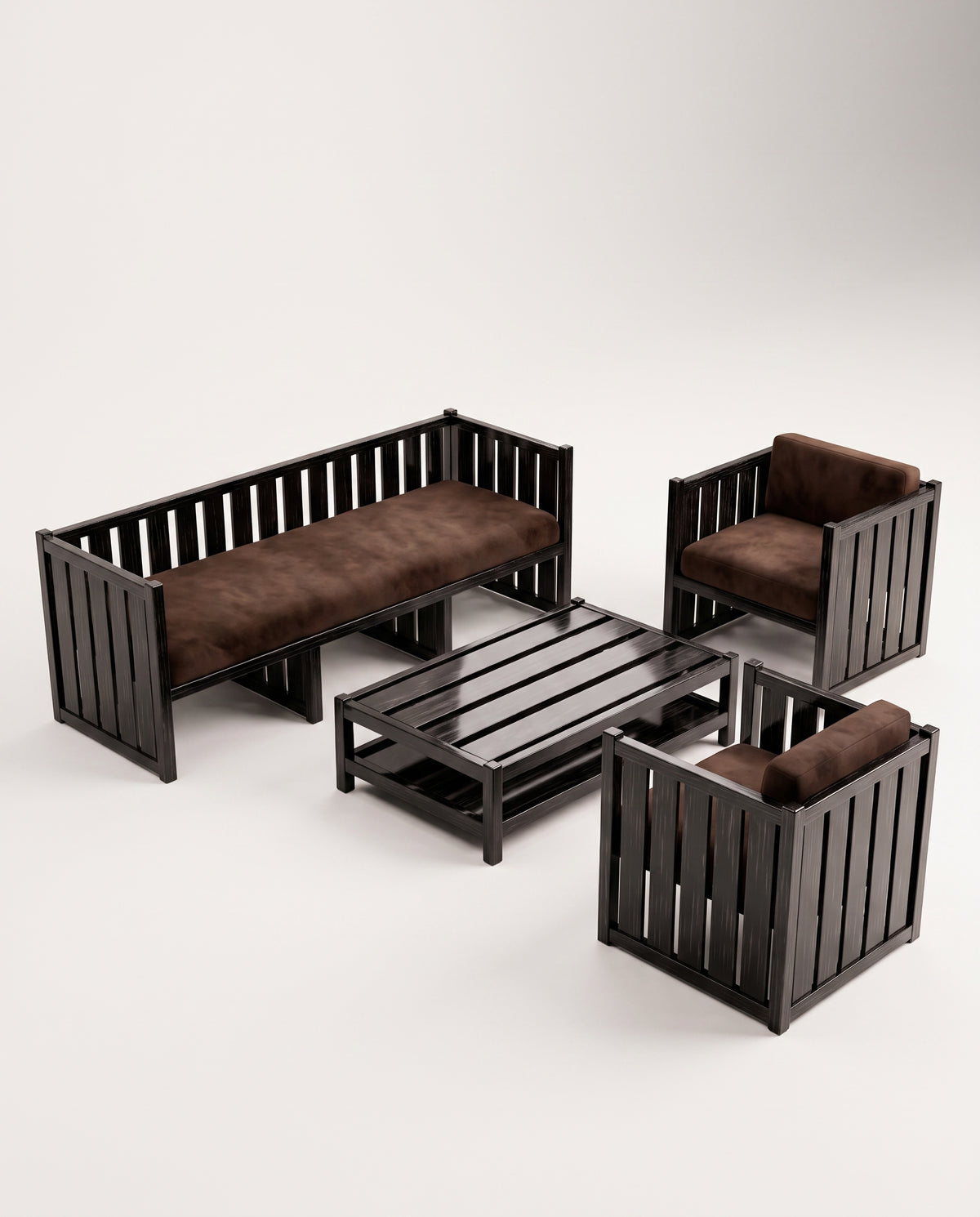 Cardinal collection ensemble in black lacquered wood: three-seat sofa, two armchairs and coffee table with slatted frames, Monde Singulier Editions