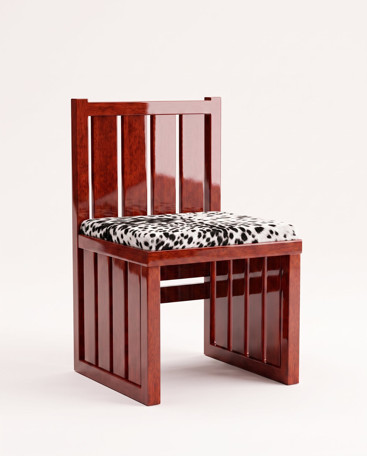 Cardinal dining chair in mahogany lacquered wood with slatted back and base and black and white hair-on-hide seat, Monde Singulier Editions, three-quarter view