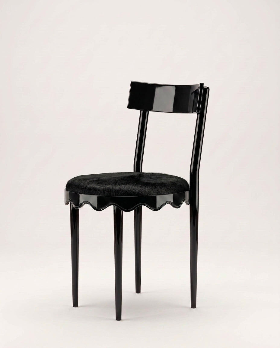 Romance dining chair in black lacquer with black velvet seat, curved back and scalloped skirt, Monde Singulier Editions, side view