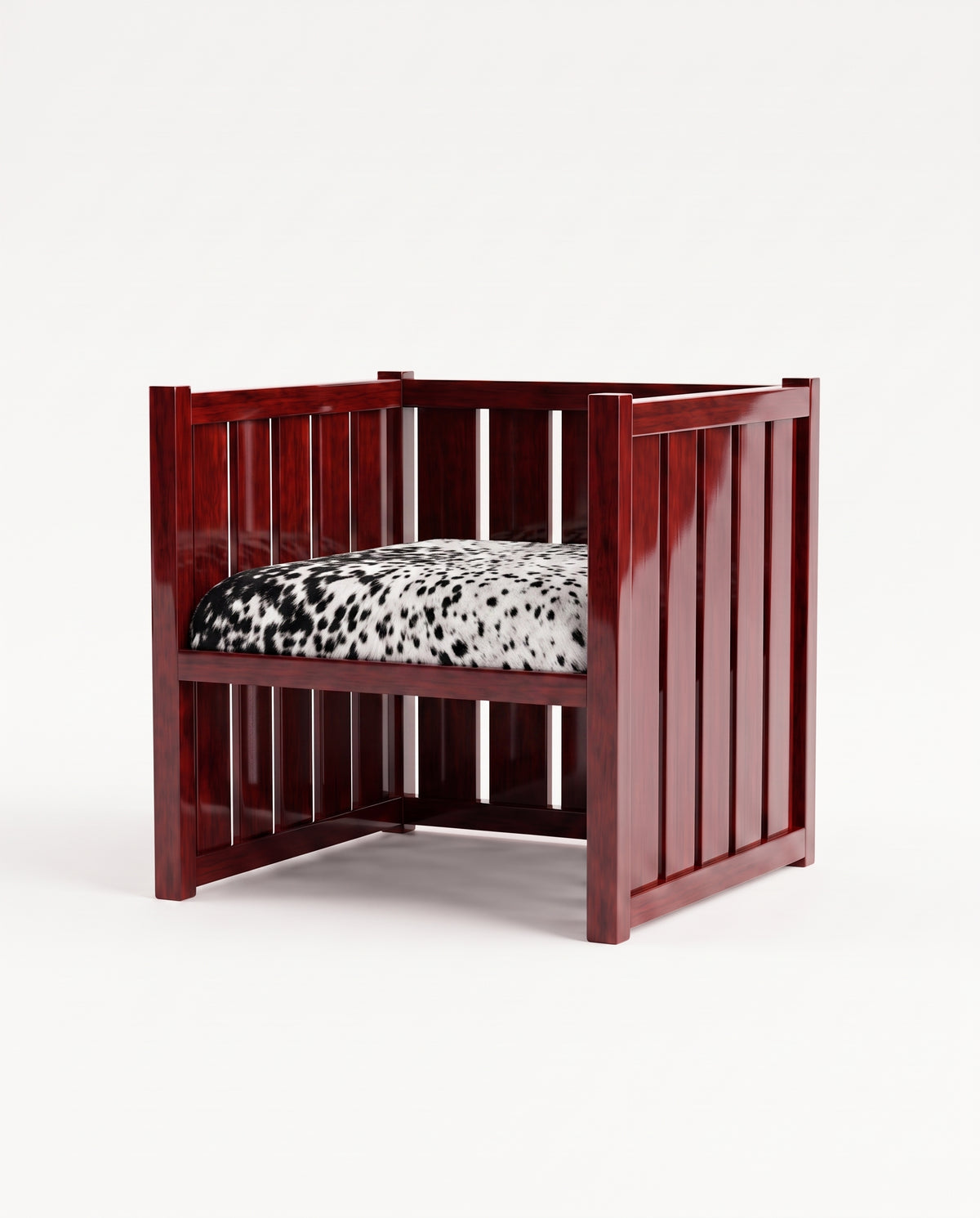 Cardinal armchair in mahogany lacquered wood with slatted sides and black and white hair-on-hide seat, Monde Singulier Editions, three-quarter view