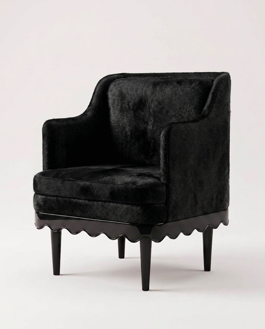 Romance armchair in black velvet with scalloped black lacquer skirt and turned legs, Monde Singulier Editions, three-quarter view