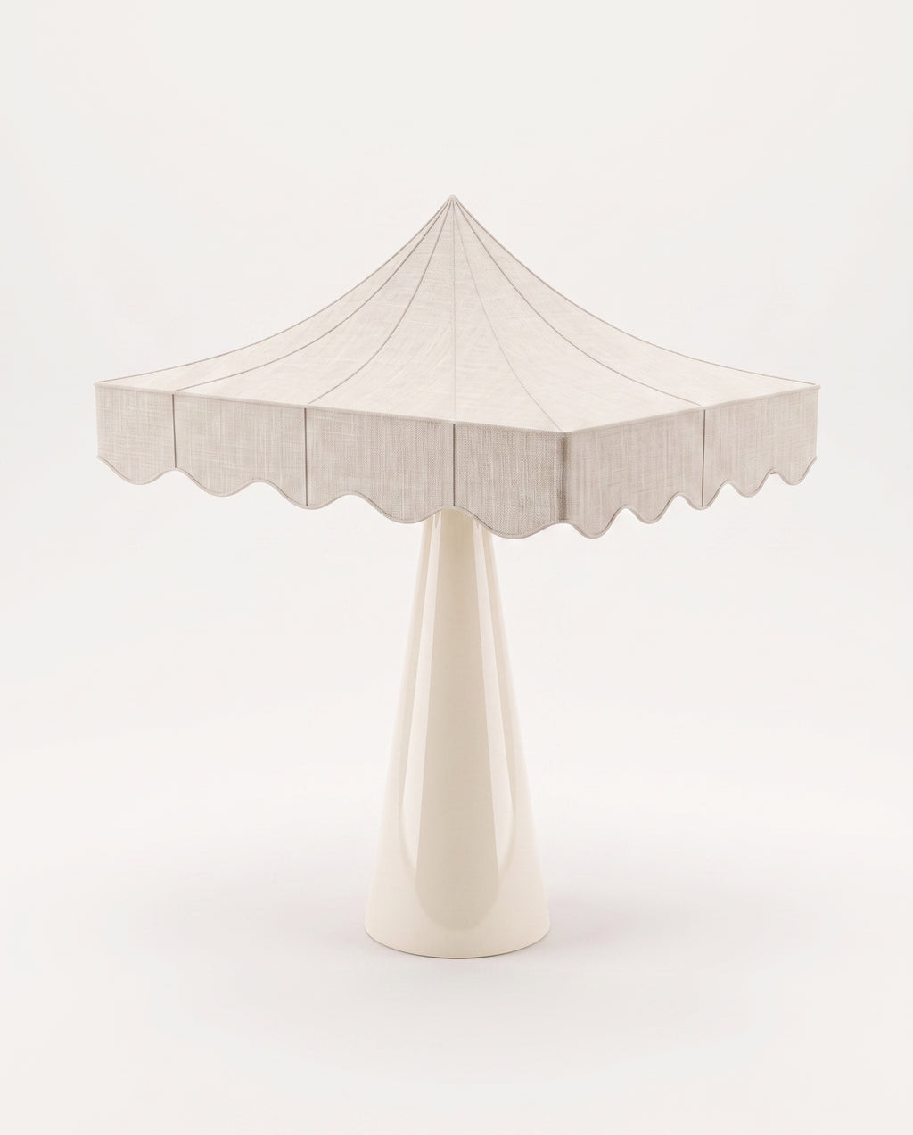 Romance table lamp with scalloped tent shade in paper on a conical off-white lacquer base, Monde Singulier Editions, front view
