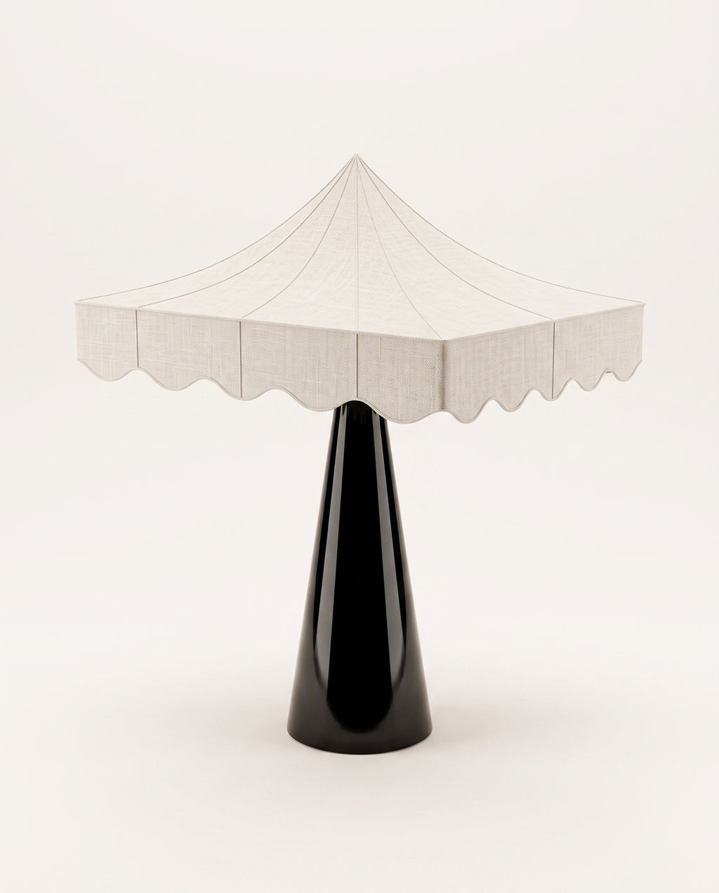 Romance table lamp with scalloped tent shade in paper on a conical black lacquer base, Monde Singulier Editions, front view