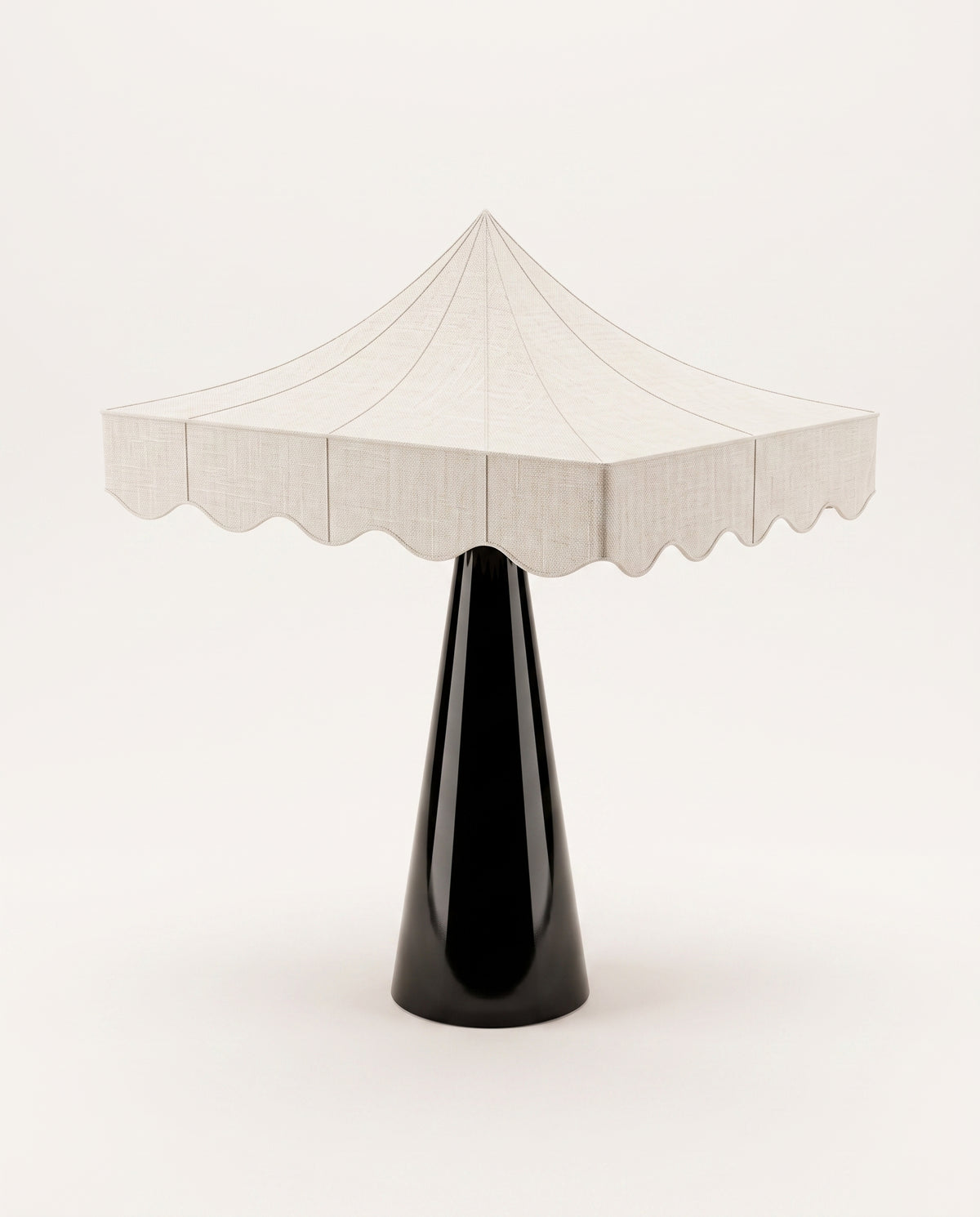 Romance table lamp with scalloped tent shade in paper on a conical black lacquer base, Monde Singulier Editions, front view